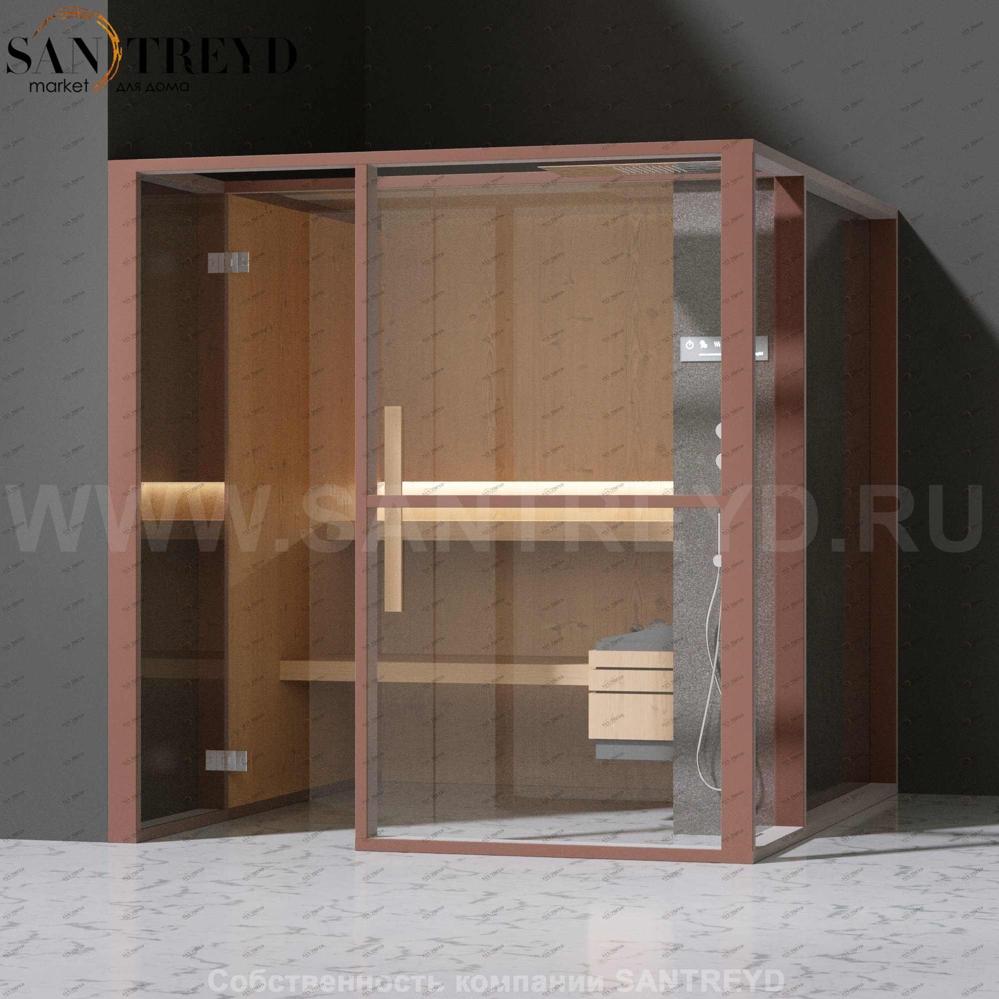 Effegibi LOGICAFILO S LO21030005 Сауна. Установка: в левый угол. Правая дверь. Мощность: 6 кВт макс. Размеры: длина 214 см, ширина 250 см. Отделка: канадский хемлок, матовый лакированный коричневый аллюминий и темный ламинат из керамогранита.