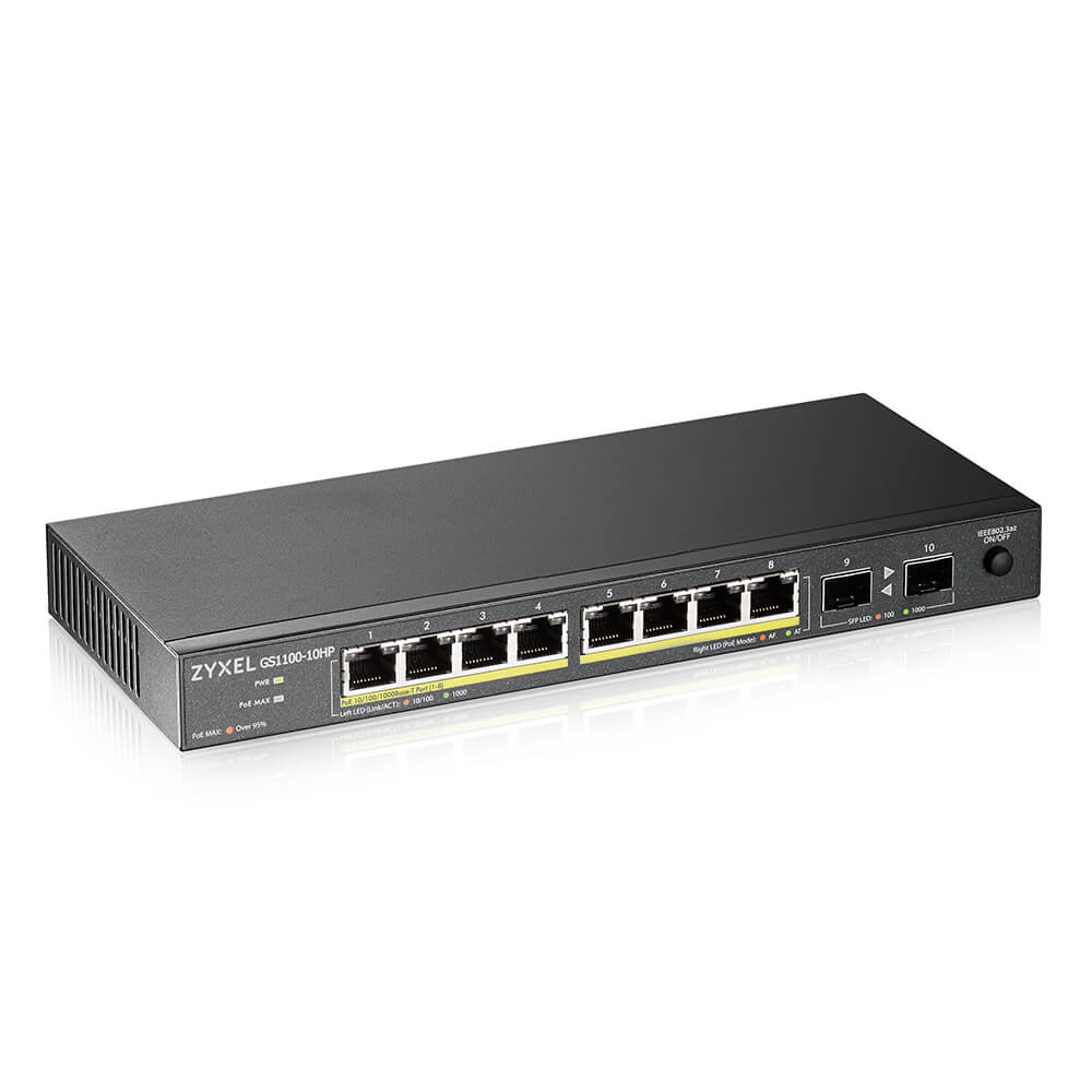GS1100-10HP-EU0101F gs1100-10hp poe + switch 8xge poe +, 2xsfp, desktop, silent, 130w poe budget ZyXEL Santreyd  - Вид №2