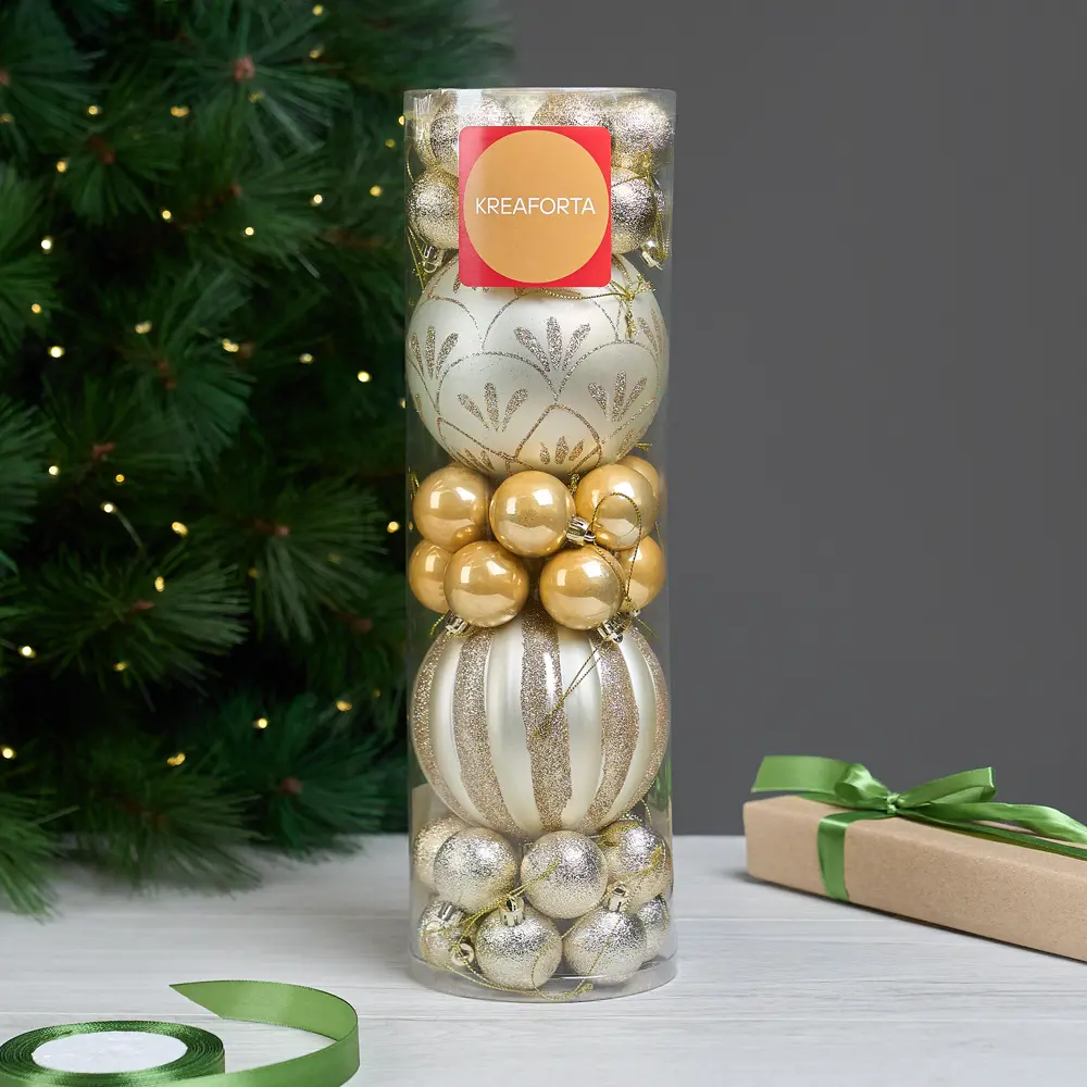 Набор елочных шаров KREAFORTA золотистые с блестками 38 шт (диаметр 4-12 см) 89420562 STLM-1583448