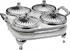 10613116 Queen Anne Менажница 4 секции с 4 крышками Queen Anne 26х21см, сталь, посеребрение Сталь нержавеющая с посеребрением, стекло