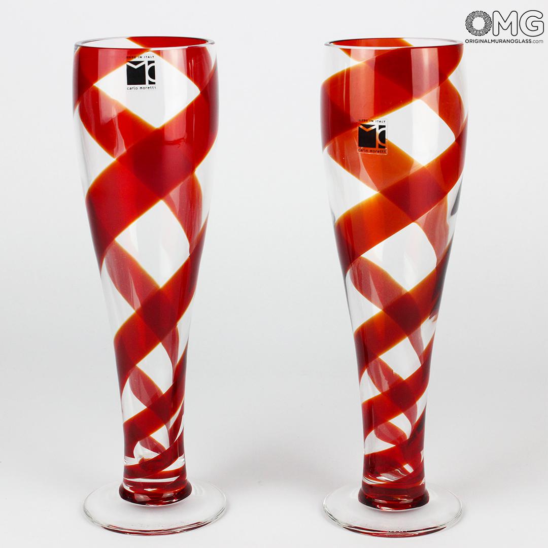 3012 ORIGINALMURANOGLASS Набор из 2 пивных бокалов Красные изгибы - Carlo Moretti - Original Murano Glass OMG 7 см  - Вид №1