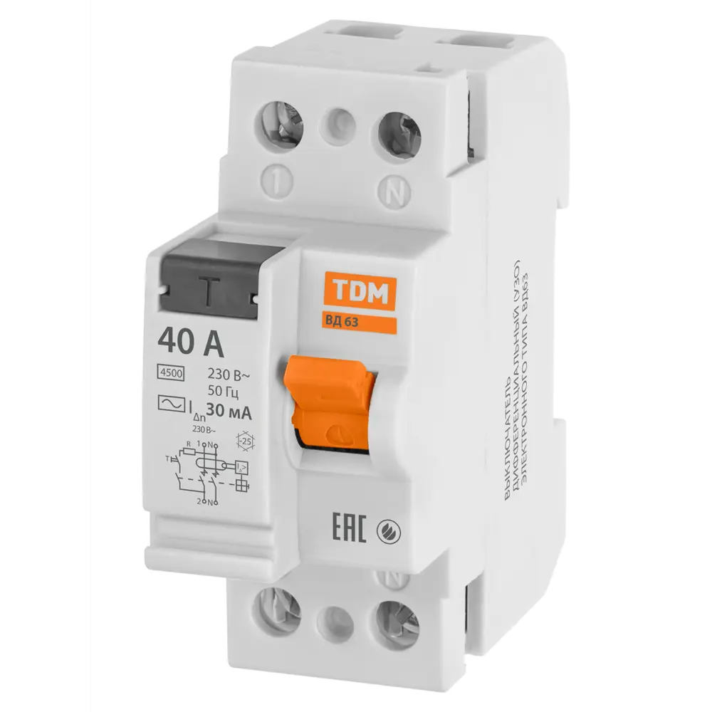 УЗО TDM Electric ВД-63 2Р 40 А 30 мА 4.5 кА AC STLM-2066389 - Вид №1