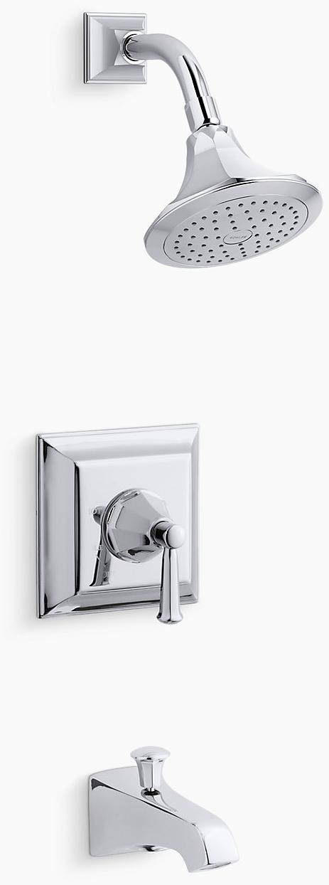KOHLER Отделка клапана для ванны и душа Memoirs Stately Rite-Temp с рычажной ручкой, изливом и насадкой для душа 2,5 галлона в минуту K-TS461-4S-CP  - Вид №1