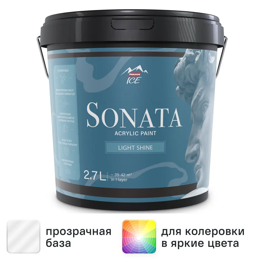 Краска для стен и потолков Parade Sonata Light Shine моющаяся полуматовая прозрачная база С 2.7 л 84871725 STLM-2005096 