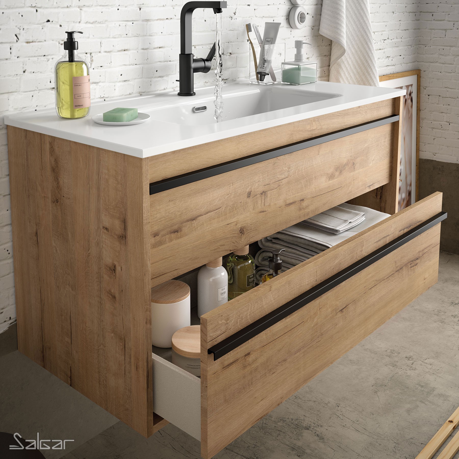 84944 SALGAR Комплект мебели для ванной ATTILA 800 OSTIPPO OAK + Раковина + Зеркало + Свет Робл Остиппо - Вид №1