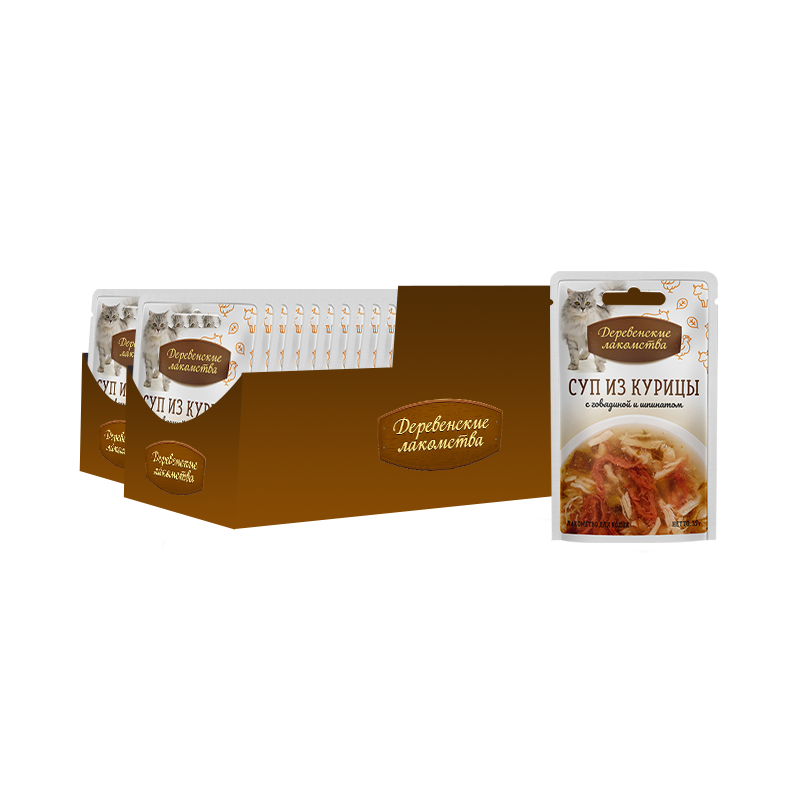 ПР0049748*60 Корм для кошек Суп из курицы с говядиной и шпинатом 35г (упаковка - 60 шт) ДЕРЕВЕНСКИЕ ЛАКОМСТВА 