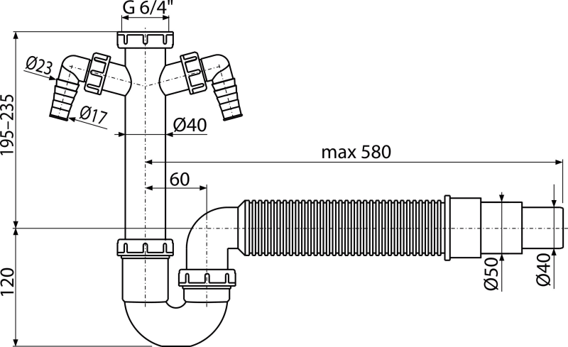 Сифон трубчатый с накидной гайкой 6/4" с двумя штуцерами и гофрой ALCAPLAST A84DN5040 - Вид №1