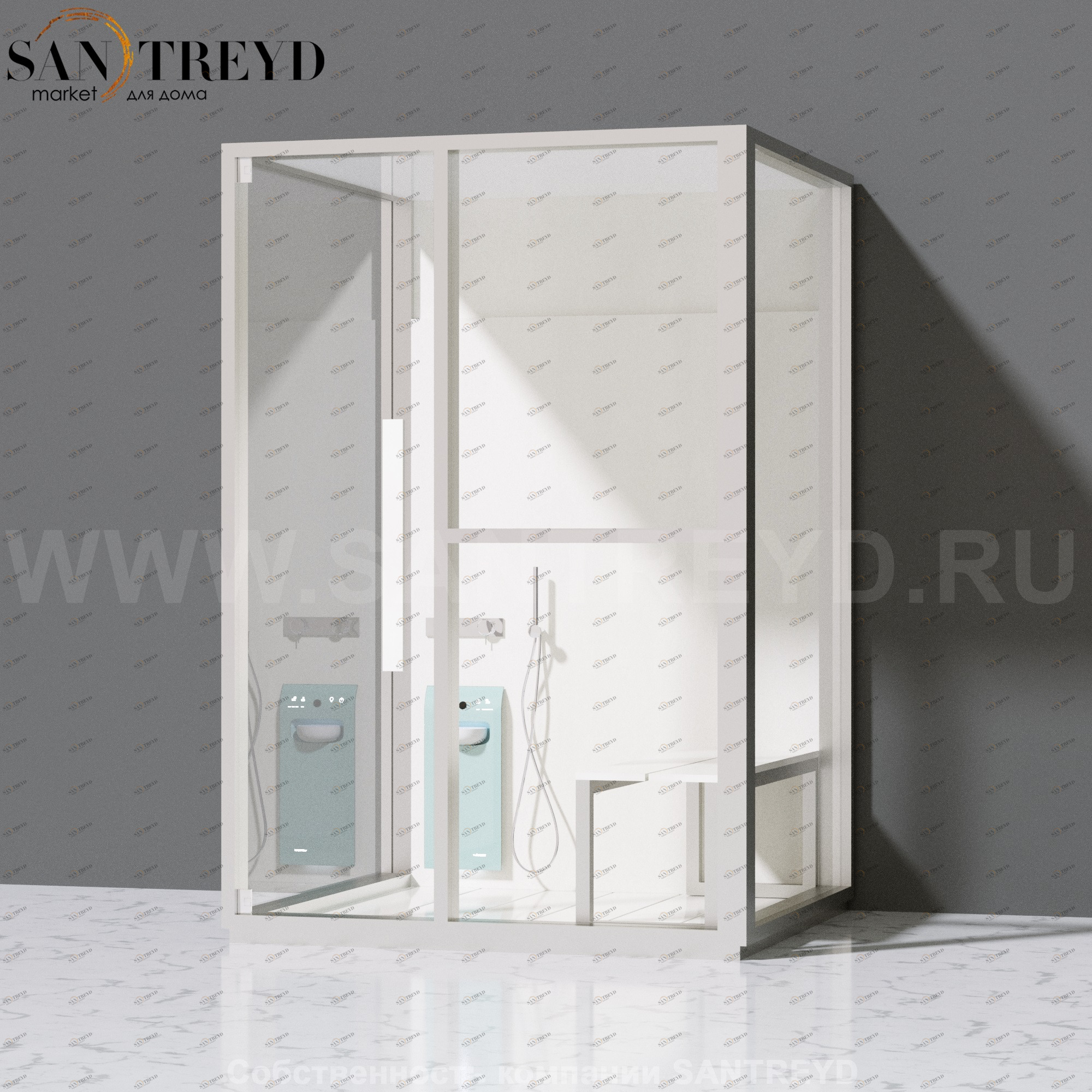 Effegibi H MEDIUM LO81020001 Комбинированная баня: хаммам и душ. Установка: к стене. Правая дверь. Мощность: 3 кВт макс. Размеры: длина 152 см, ширина 102 см. Отделка: матовый лакированный белый аллюминий и серый ламинат из керамогранита.