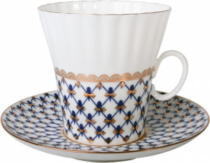 82409 Императорский фарфоровый завод Чашка кофейная с блюдцем ИФЗ "Кобальтовая сетка" 170мл, ф.Одуванчик Фарфор костяной