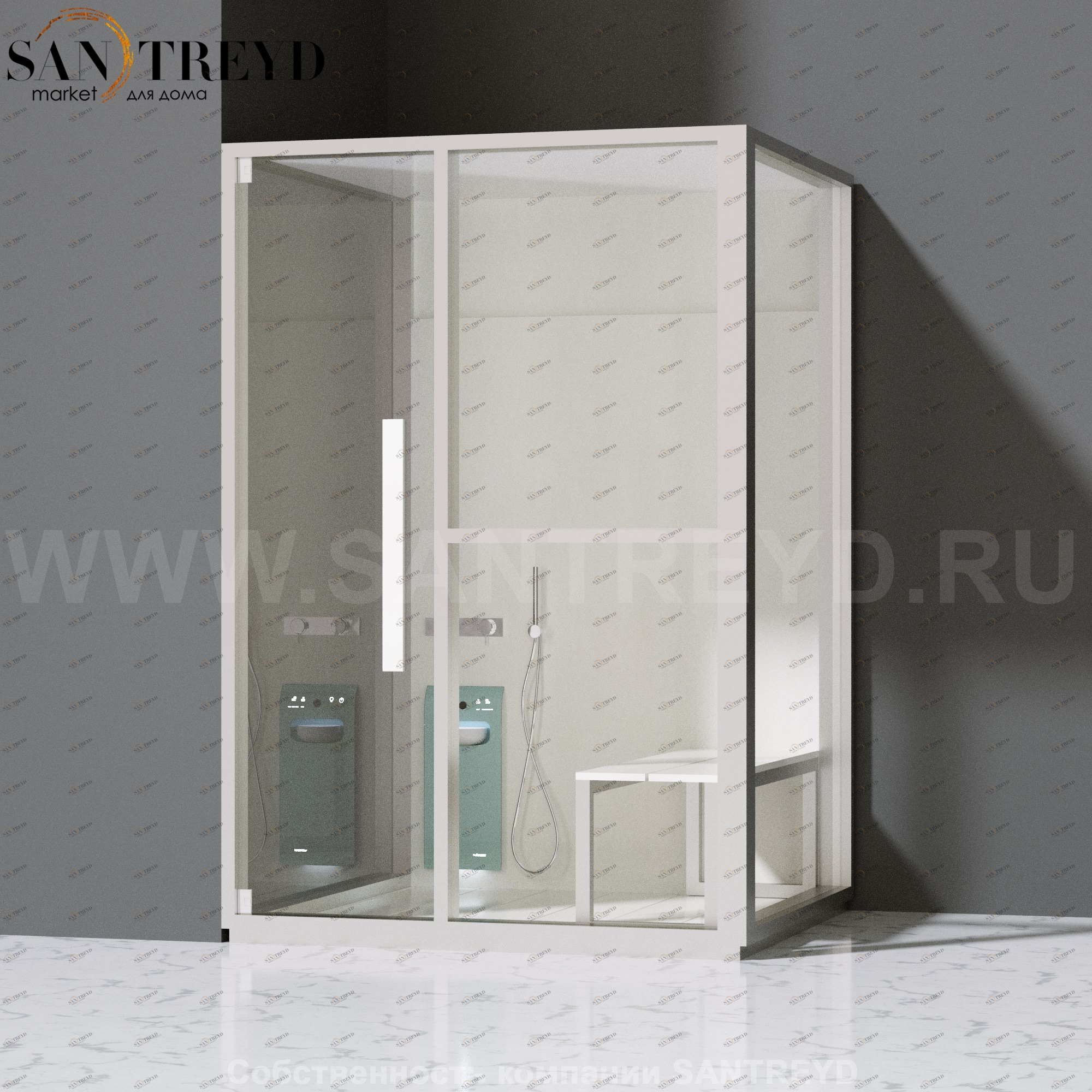 Effegibi H MEDIUM LO81020003 Комбинированная баня: хаммам и душ. Установка: в левый угол. Правая дверь. Мощность: 3 кВт макс. Размеры: длина 152 см, ширина 102 см. Отделка: матовый лакированный белый аллюминий и серый ламинат из керамогранита.