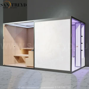 Effegibi BODYLOVE SH BL45110005 Боковая комбинированная баня: хаммам и сауна. Установка: в левый угол. Мощность: 15 кВт макс. Размеры: длина 393 см, ширина 176 см. Отделка: канадский хемлок, светлый керамогранит.