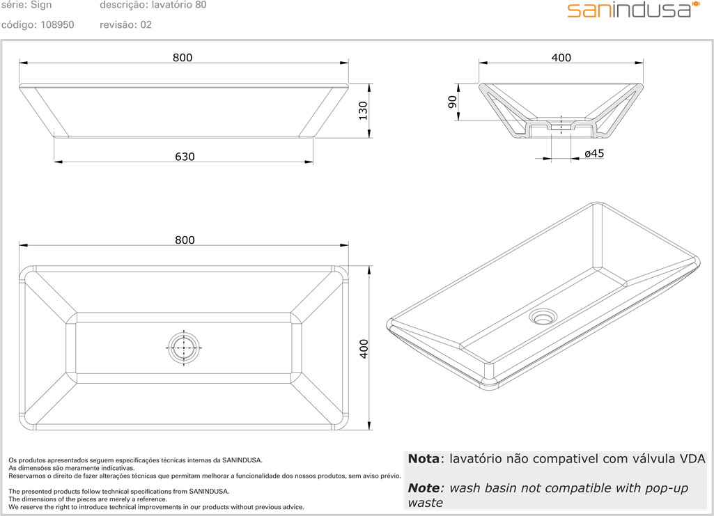 108950004 Накладная раковина на столешницу  прямоугольная Sanindusa  - Вид №1