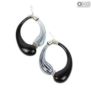 990 ORIGINALMURANOGLASS Серьги Дениз - высокая филигрань черные-белые - муранское стекло OMG 5 см