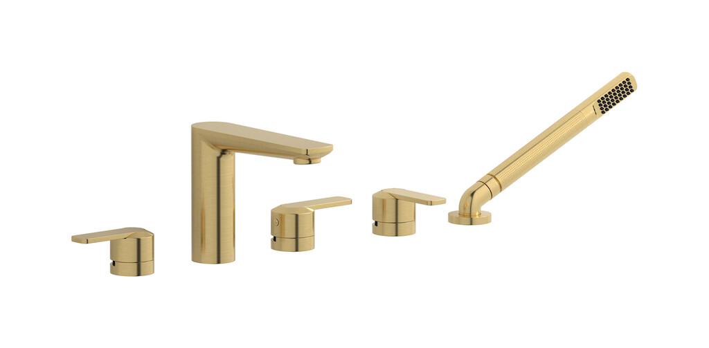 Смеситель на бортик ванной на 5 отверстий с дивертером и душевым гарнитуром. WE ARE IB c6396os Brushed Gold C-67