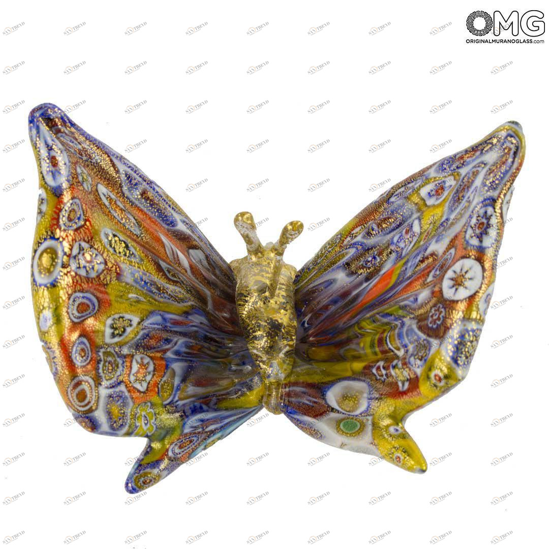 1408 ORIGINALMURANOGLASS Фигурка бабочки - Муррины миллефиори и золото - Farfalla Millefiori Oro - муранское стекло  см 