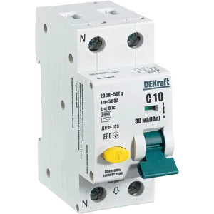 Дифференциальный автомат Dekraft 1P N C10 A 30 мА 6 кА AC 16203DEK 84509408 STLM-2176741