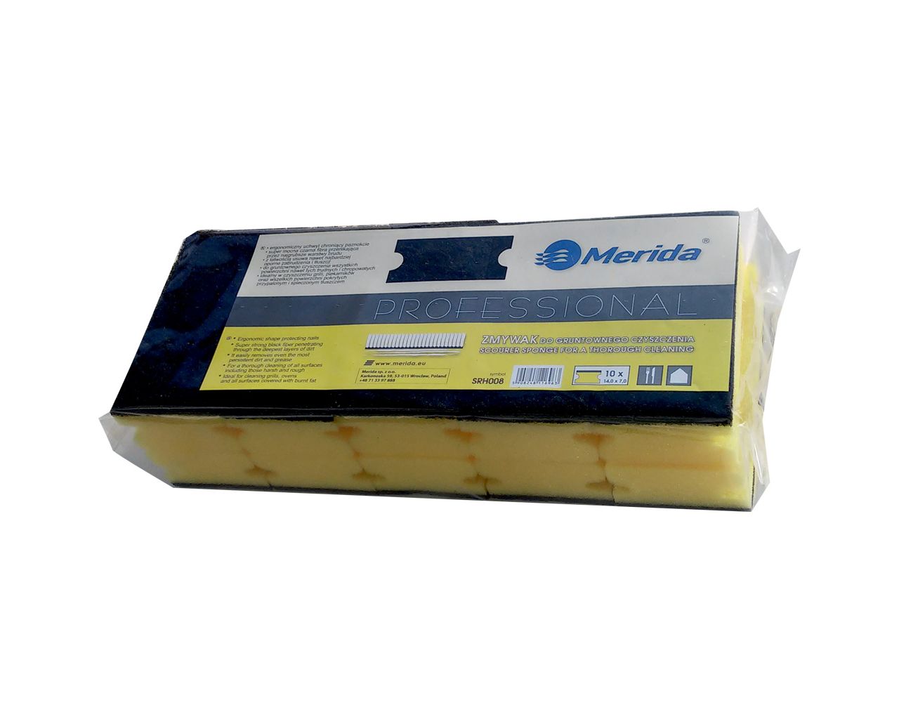 SRH008 Профессиональная мочалка для тщательной очистки, желтая пена, черное волокно, 10 шт. в упаковке Merida  - Вид №1