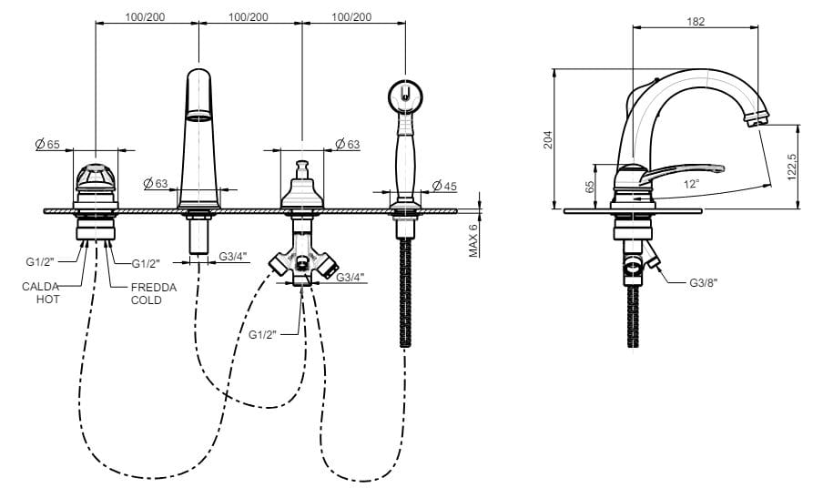 Однорычажный смеситель для ванны с 4 отверстиями и переключателем Rubinetterie Frattini Morgan ARCH-00060545 - Вид №2