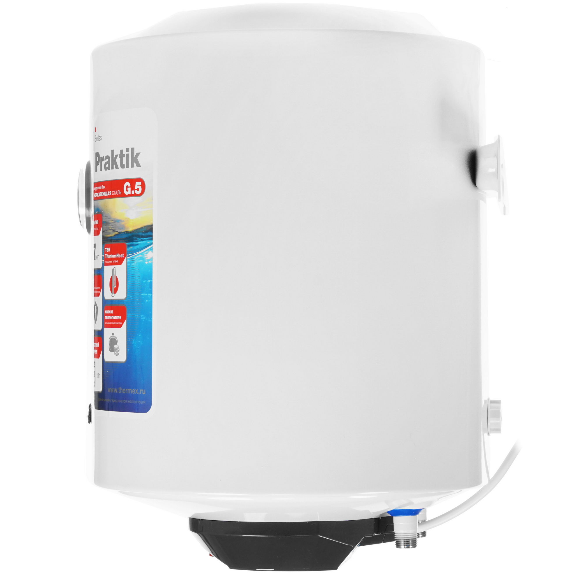 1134748 Водонагреватель Thermex PRAKTIK 30 V Slim [накопительный, 30 л, нержавеющая сталь, нижняя, круглая, уст-ка: вертикальная, белый] STDN-0070237 - Вид №2
