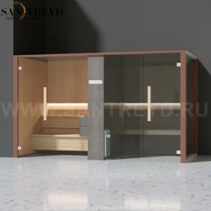 Effegibi LOGICAFILO SH LO41030003 Комбинированная баня: хаммам и сауна. Установка: в левый угол. Мощность: 10,5 кВт макс. Размеры: длина 373 см, ширина 171 см. Отделка: канадский хемлок, матовый лакированный коричневый аллюминий и темный ламинат из керамо