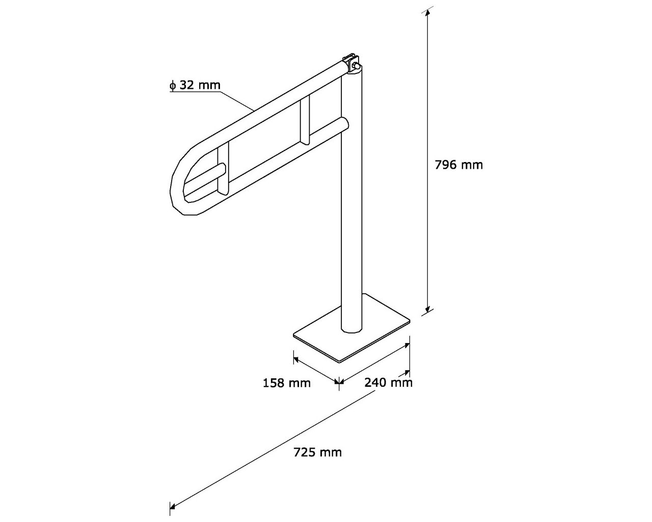 TPC06 ИЗОГНУТЫЙ ПОРУЧНИК 600 ММ, НАПОЛЬНЫЙ, С ДЕРЖАТЕЛЕМ ДЛЯ ТУАЛЕТНОЙ БУМАГИ Merida  - Вид №1