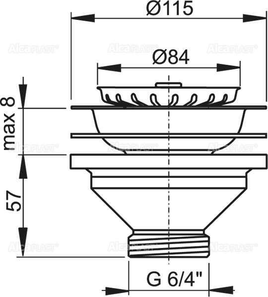 Донный клапан сифона для мойки 6/4" с нержавеющей peшeткой DN115 ALCAPLAST A37 - Вид №1