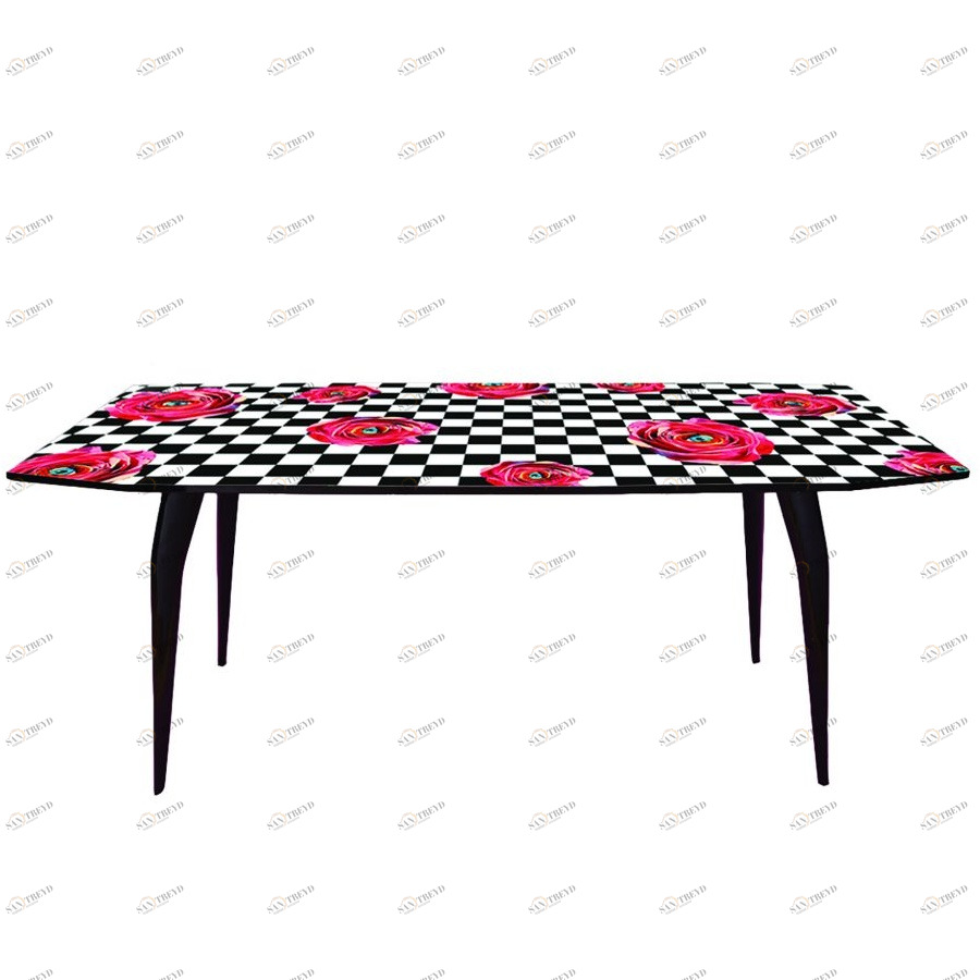 Обеденный стол с деревянной столешницей 90х190 см черно-красный Roses on check SELETTI  00-3882939 Красный;черный 