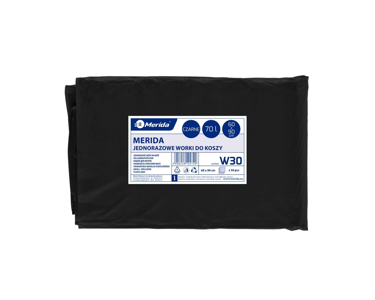 W30 Одноразовые мешки для мусора, 60 x 90 см, вместимость 70 л, 50 шт. в упаковке, черные, LDPE Merida 