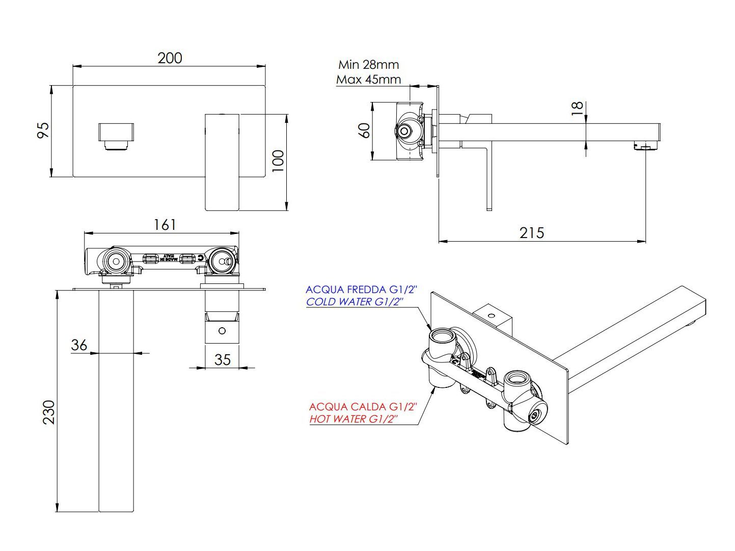 Однорычажный настенный смеситель для раковины с пластиной Rubinetterie Mariani Rebel ARCH-00148831 - Вид №3