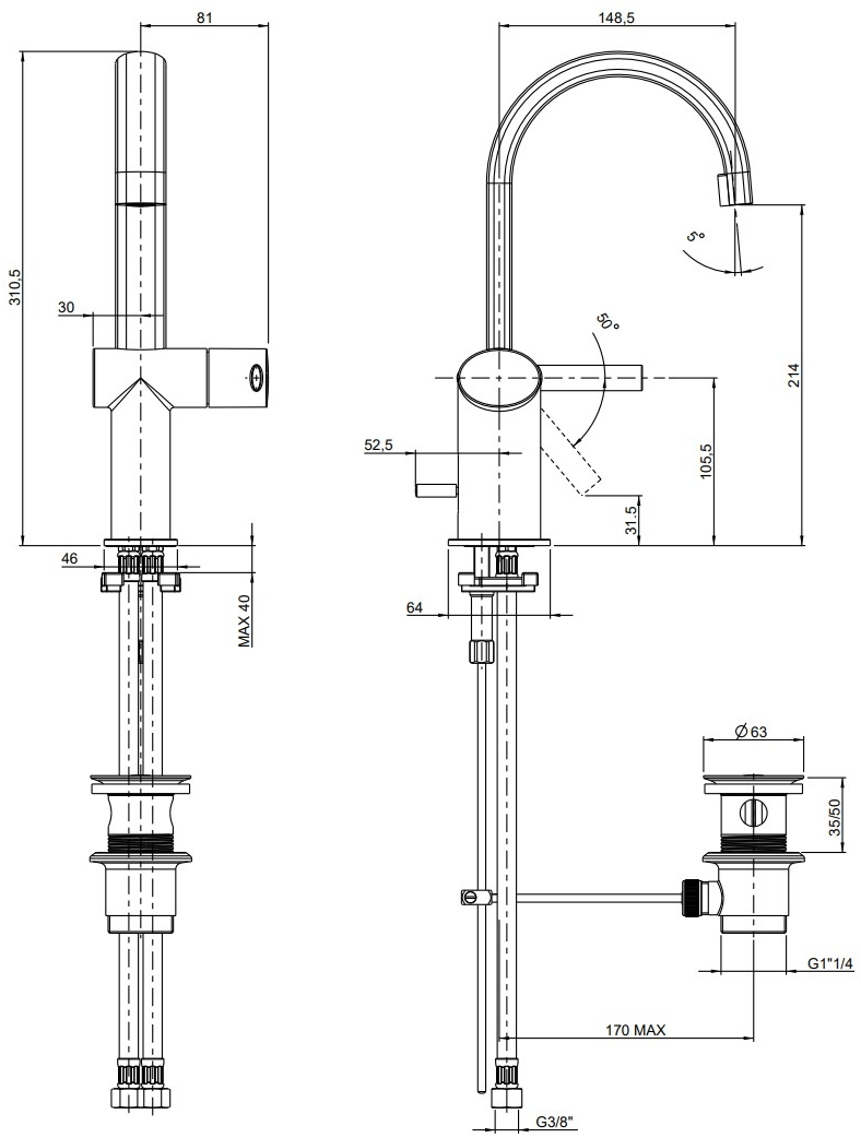 Rubinetterie Frattini Смеситель для раковины, однорычажный, со сливом Brera sun-id-1410959 - Вид №2