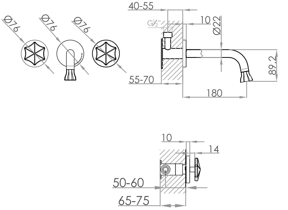 JEE-O Смеситель для умывальника из нержавеющей стали настенный с отдельными розетками Bloom 600-1506 - Вид №1