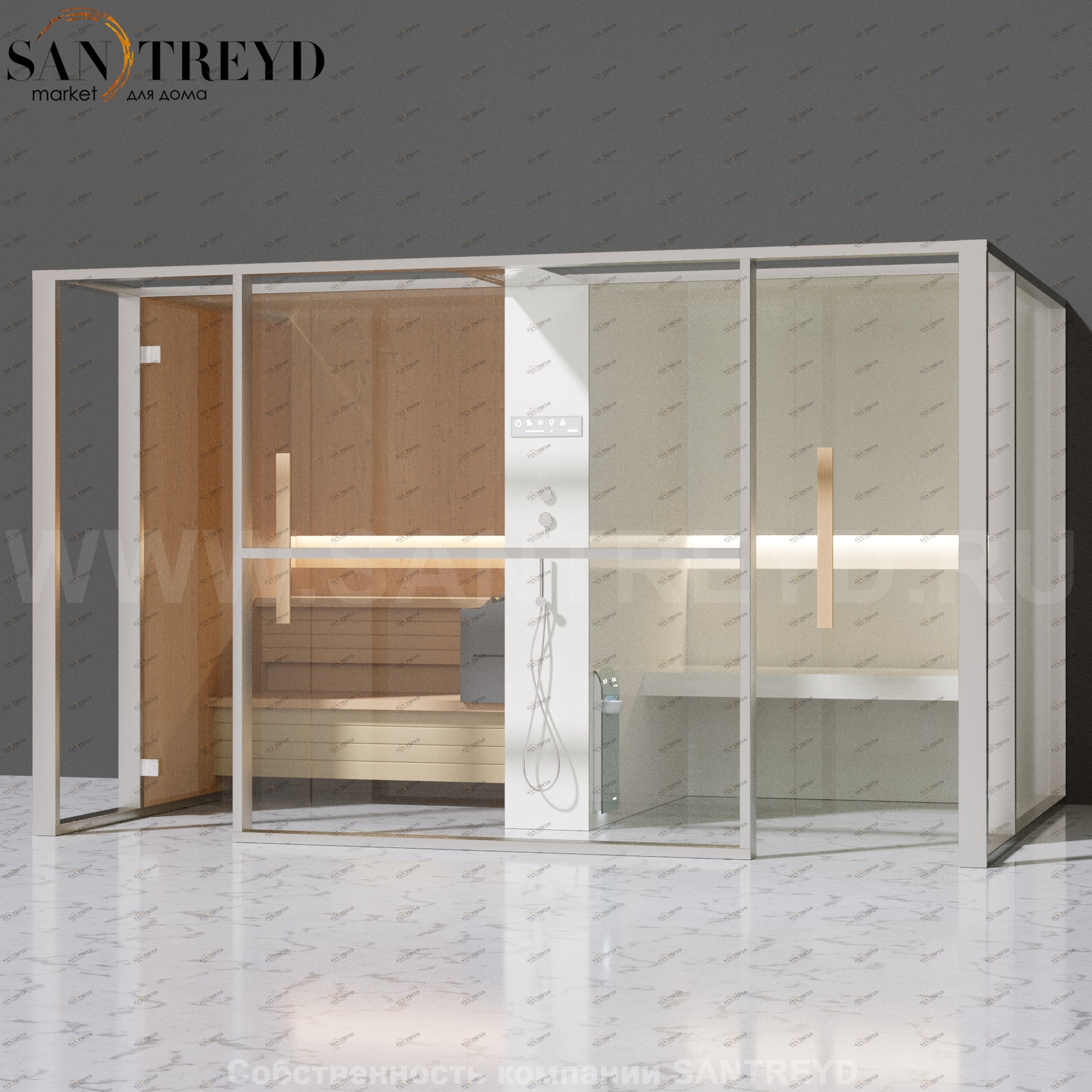 Effegibi LOGICAFILO LO11020001 Комбинированная баня: хаммам и сауна. Установка: к стене. Мощность: 10,5 кВт макс. Размеры: длина 373 см, ширина 250 см. Отделка: канадский хемлок, матовый лакированный белый аллюминий и серый ламинат из керамогранита.