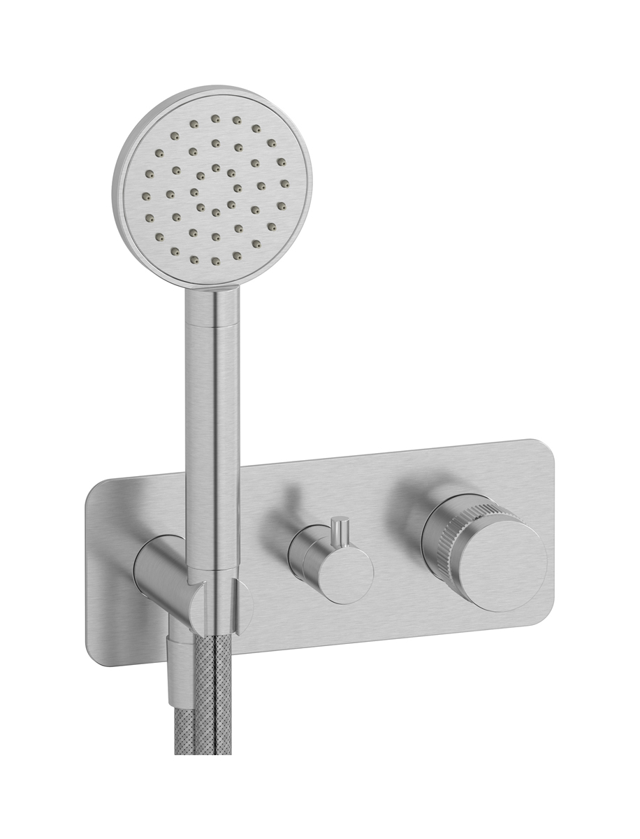 Прогрессивный настенный смеситель для душа на 2 потребителя со встроенным душевым гарнитуром. WE ARE IB rx313ss Brushed Nickel Reflex