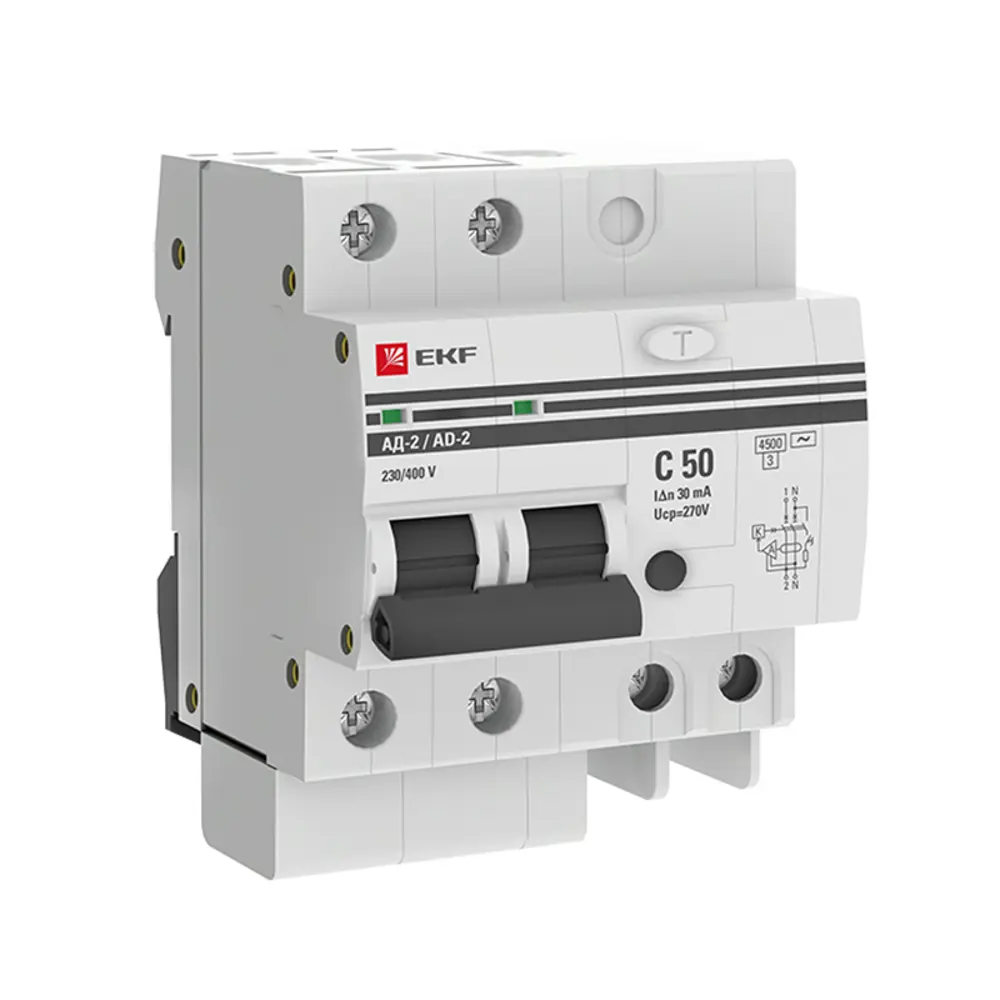 Дифференциальный автомат EKF PROxima АД-2 2P C50 A 30 мА 4.5 кА AC DA2-50-30-pro 82421610 STLM-2090724 