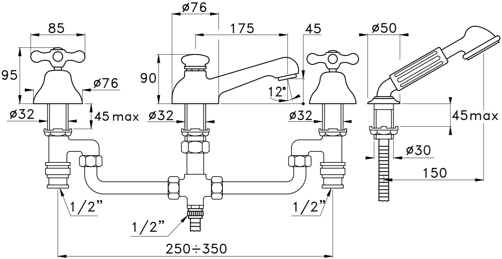 RUBINETTERIE STELLA Смеситель для ванны на 4 отверстия Roma sun-id-1416729 - Вид №1