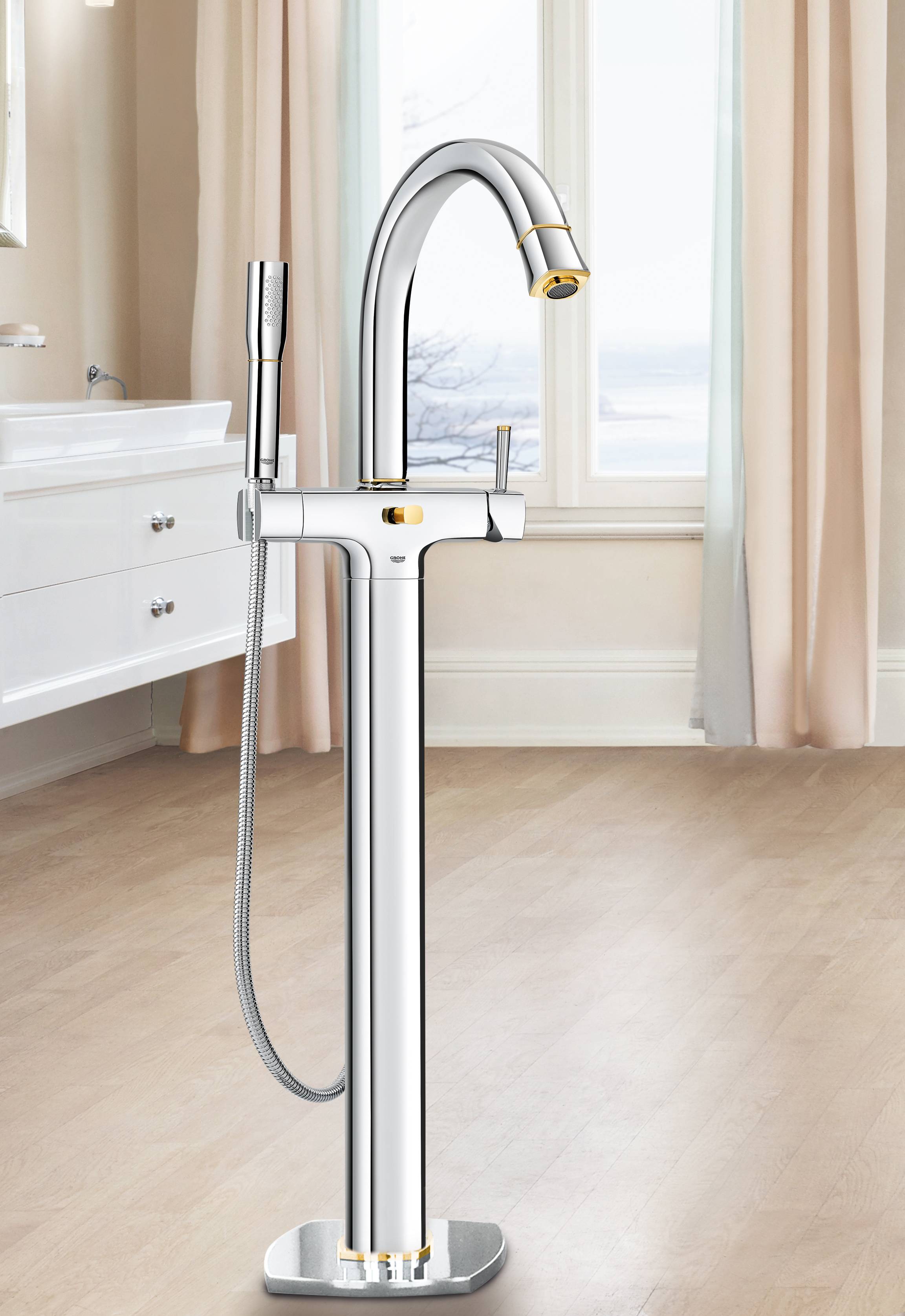 Смеситель для ванны GROHE Grandera с душевым гарнитуром, верхняя монтажная часть, напольный монтаж, хром/золото (23318IG0) - Вид №1