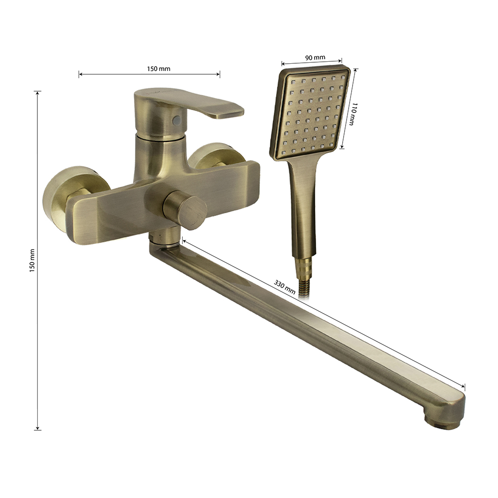GFmark - Смеситель в ванную, длинный излив, шаровый, с дивертором на корпусе, под состаренную БРОНЗУ, код: 5070  - Вид №2
