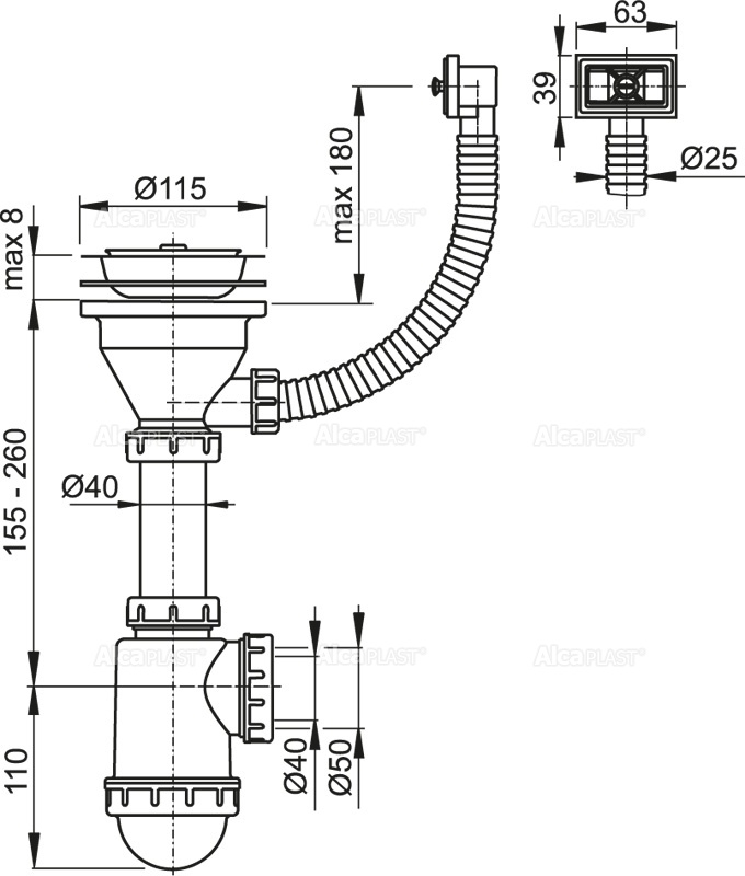 Сифон для мойки с нержавеющей peшeткой DN115 и гофропереливом ALCAPLAST A447DN5040 - Вид №1