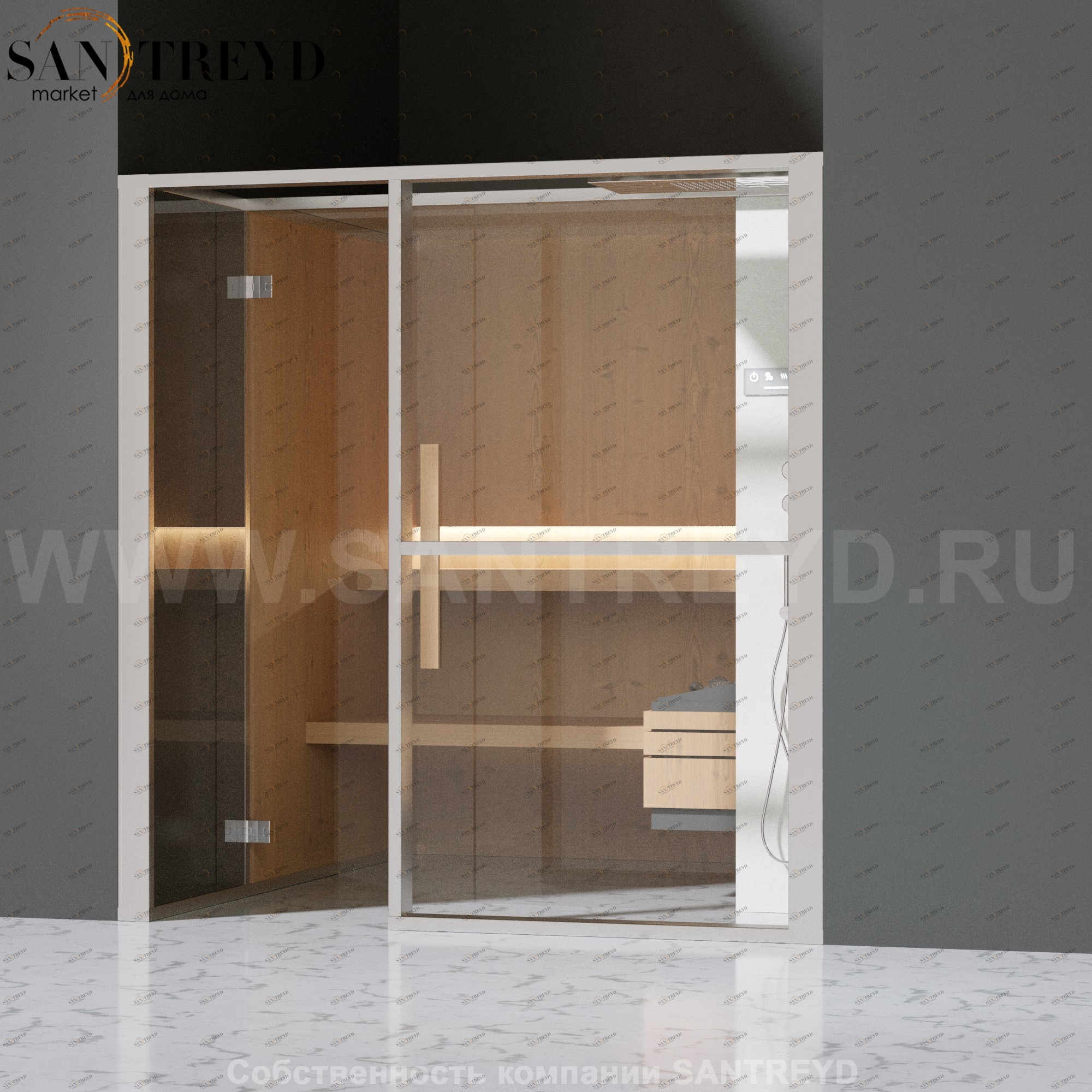 Effegibi LOGICAFILO S LO21020009 Сауна. Установка: в нишу. Правая дверь. Мощность: 6 кВт макс. Размеры: длина 214 см, ширина 250 см. Отделка: канадский хемлок, матовый лакированный белый аллюминий и серый ламинат из керамогранита.