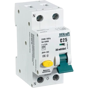 Дифференциальный автомат Dekraft 1P N C25 A 30 мА 6 кА AC 16231DEK 84509411 STLM-2116604