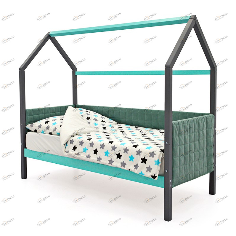 Детская кровать-домик мягкая графит-мятная Svogen БЕЛЬМАРКО  00-3873190 Серый Santreyd 