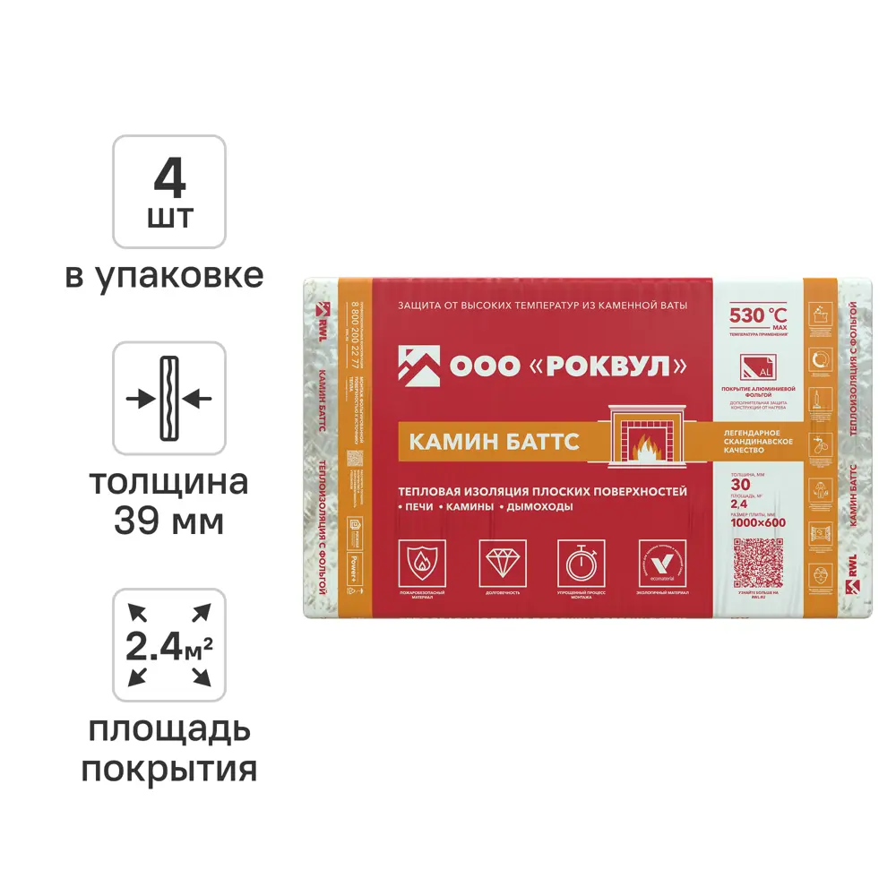 Утеплитель Роквул Камин Баттс 30 мм 4 шт 600x1000 мм 2.4 м² 82151670 STLM-2123391 