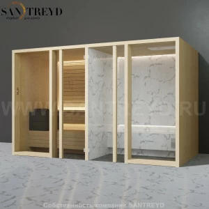 Effegibi YOKU.G SH YO.30110004 Комбинированная баня: хаммам и сауна. Установка: к стене Мощность: 10,5 кВт макс. Размеры: длина 342 см, ширина 170 см. Отделка: осина термообработанная и светлый керамогранит