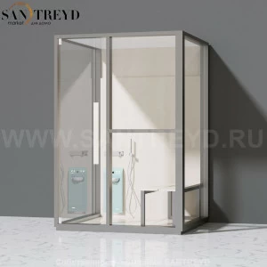 Effegibi H MEDIUM LO81010001 Комбинированная баня: хаммам и душ. Установка: к стене. Правая дверь. Мощность: 3 кВт макс. Размеры: длина 152 см, ширина 102 см. Отделка: матовый лакированный серый аллюминий и бежевый ламинат из керамогранита.