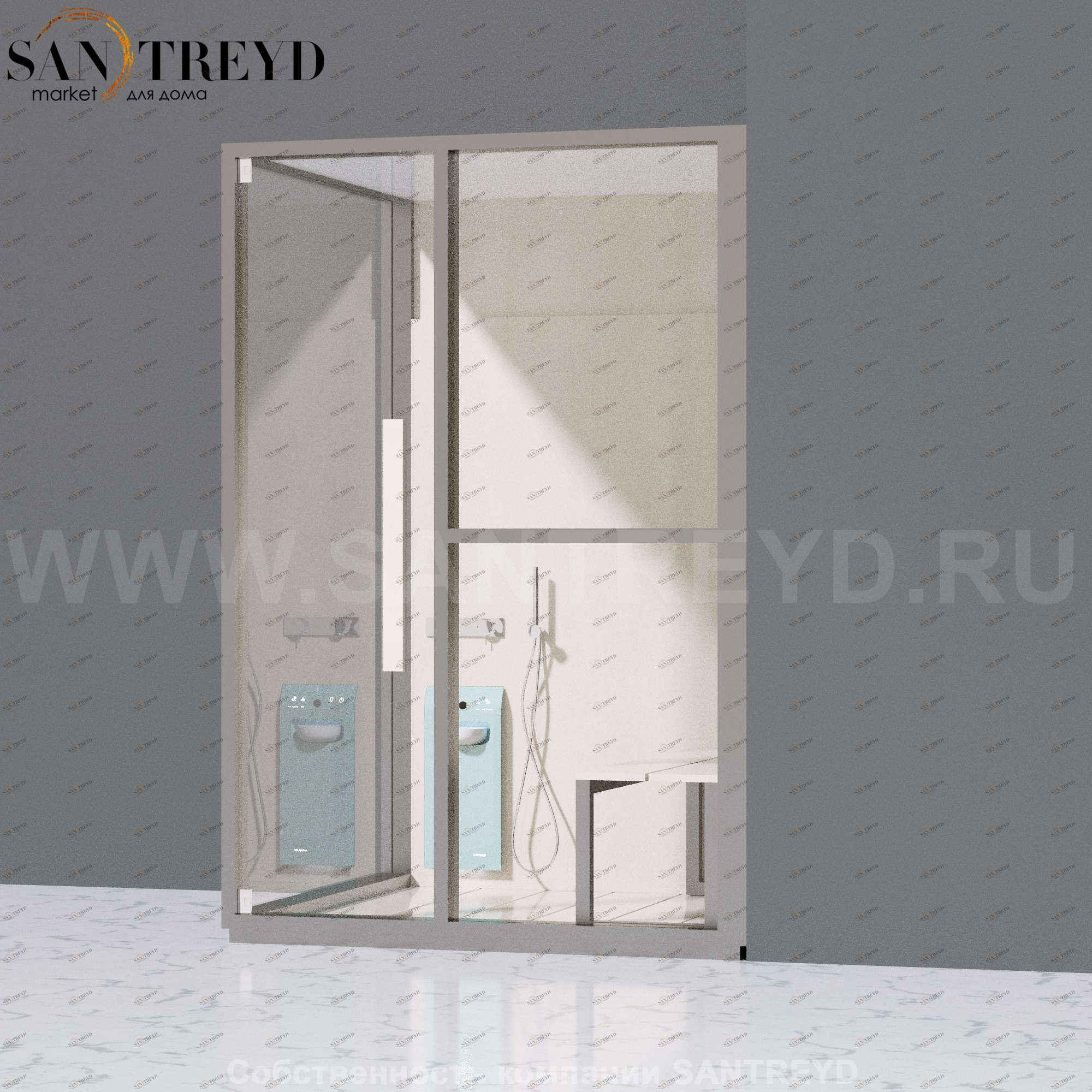 Effegibi H MEDIUM LO81010005 Комбинированная баня: хаммам и душ. Установка: в правый угол. Правая дверь. Мощность: 3 кВт макс. Размеры: длина 152 см, ширина 102 см. Отделка: матовый лакированный серый аллюминий и бежевый ламинат из керамогранита.