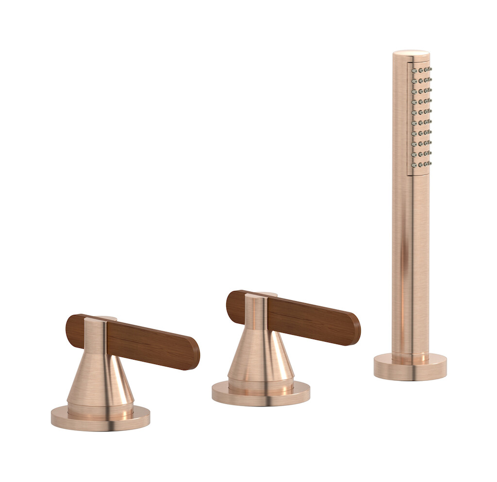 Смеситель на бортик ванной на 3 отверстия с изливом, дивертером и душевым гарнитуром. WE ARE IB oh406cc Brushed Rose Gold Soho