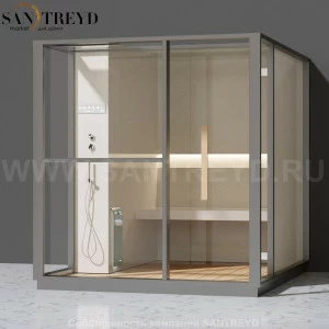 Effegibi LOGICA H LO30010002 Хаммам. Установка: к стене. Левая дверь. Мощность: 4,5 кВт макс. Размеры: длина 214 см, ширина 250 см. Отделка: матовый лакированный серый аллюминий и бежевый ламинат из керамогранита.