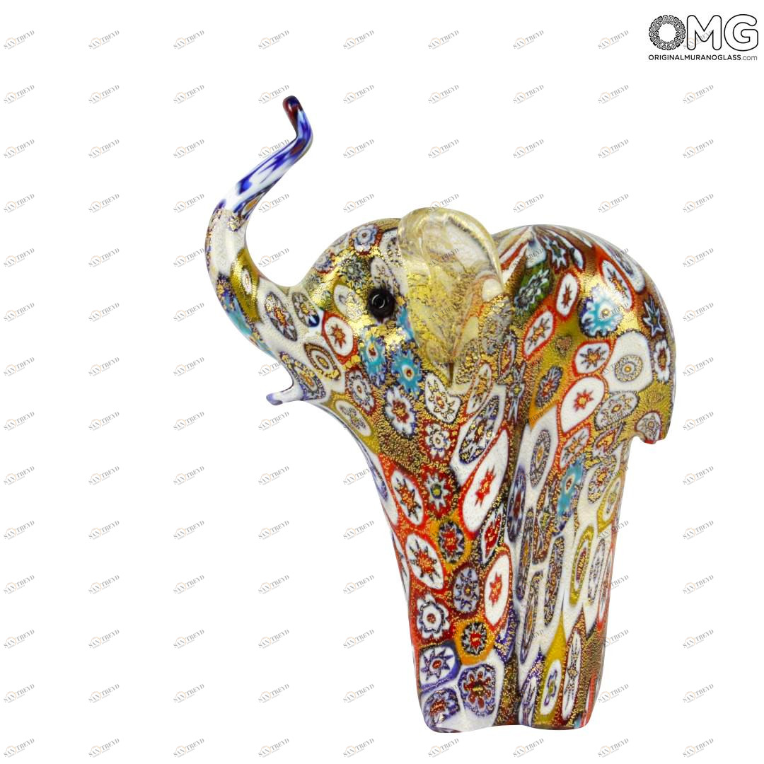 1416 ORIGINALMURANOGLASS Фигурка слона Миллефиори Муррины золото - Elefante Millefiori Oro - муранское стекло  см 