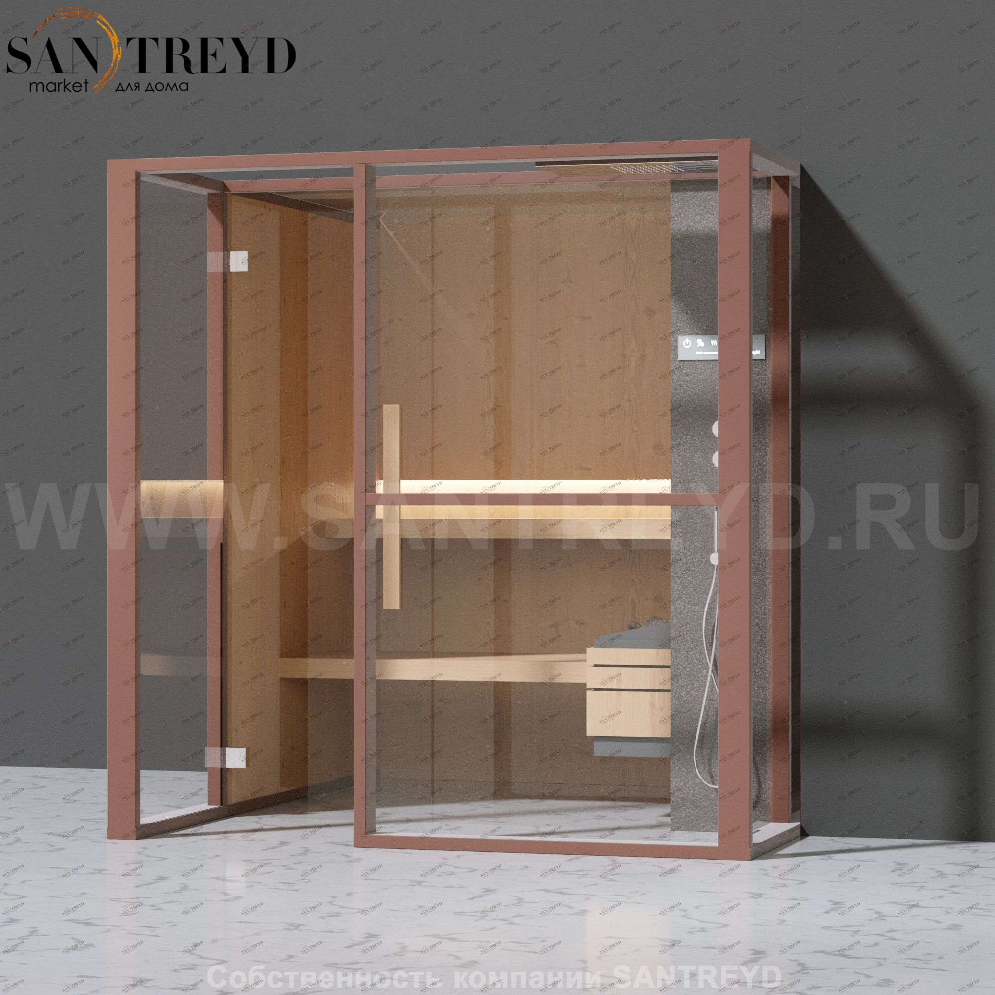 Effegibi LOGICAFILO S LO21030015 Сауна. Установка: в правый  полуугол. Правая дверь. Мощность: 6 кВт макс. Размеры: длина 214 см, ширина 250 см. Отделка: канадский хемлок, матовый лакированный коричневый аллюминий и темный ламинат из керамогранита.