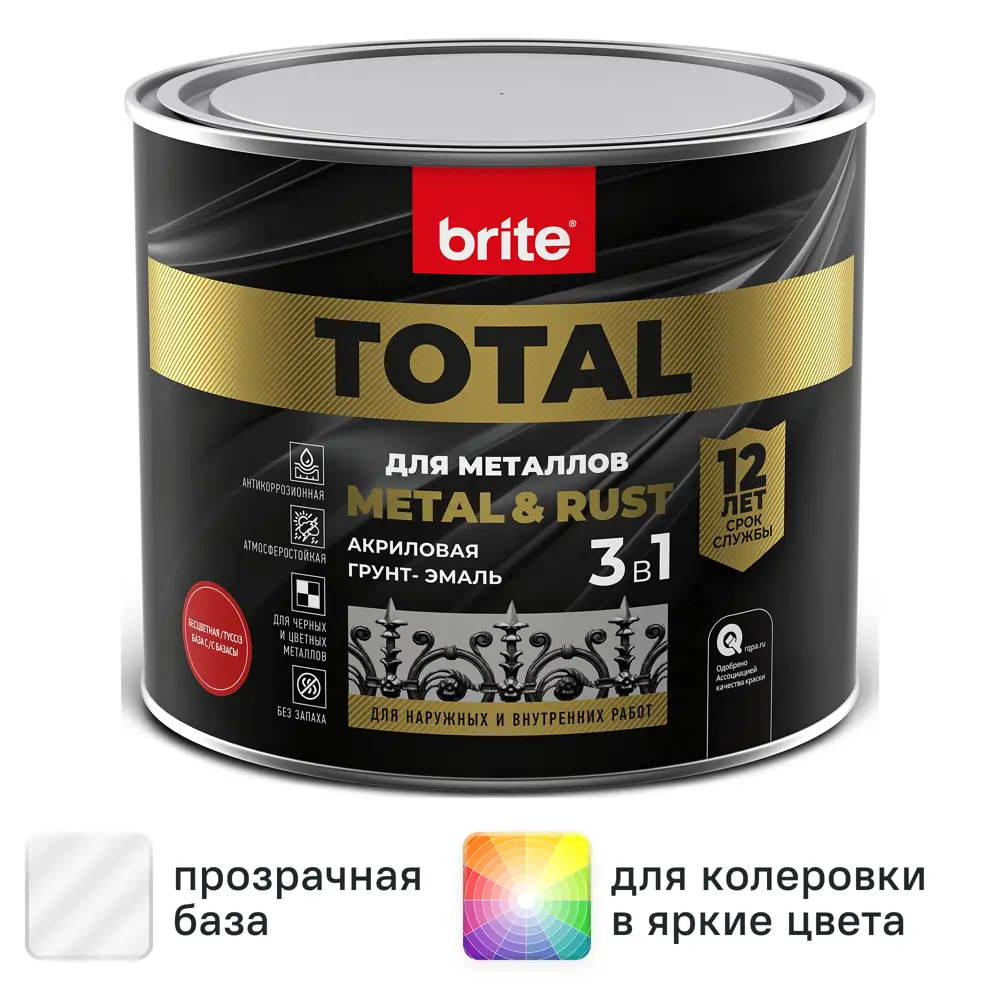 Грунт-эмаль 3 в 1 Total цвет прозрачный 1.8 л BRITE STLM-2079137